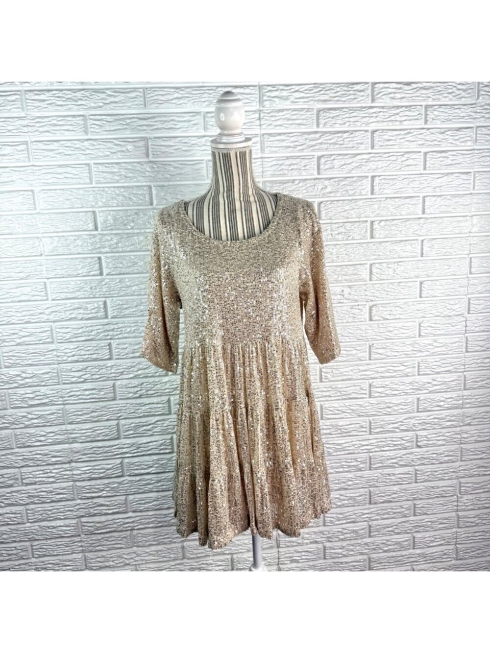 By Together Champagne Gold Sequin Tiered Babydoll Dress Size Small